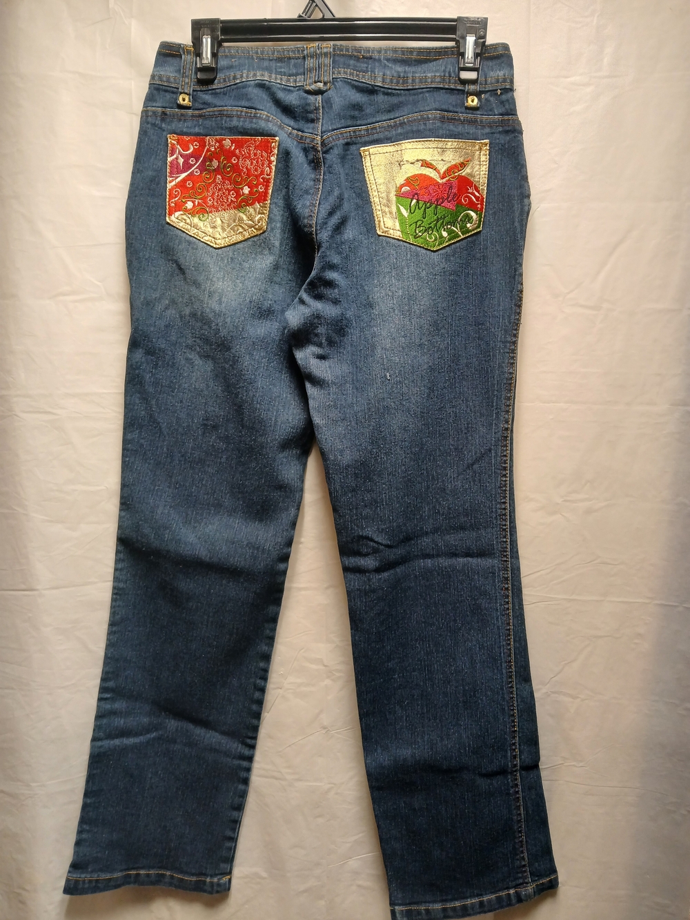 Apple Bottoms Women’s Blue Denim Jeans with Red & Gold Patch Pockets